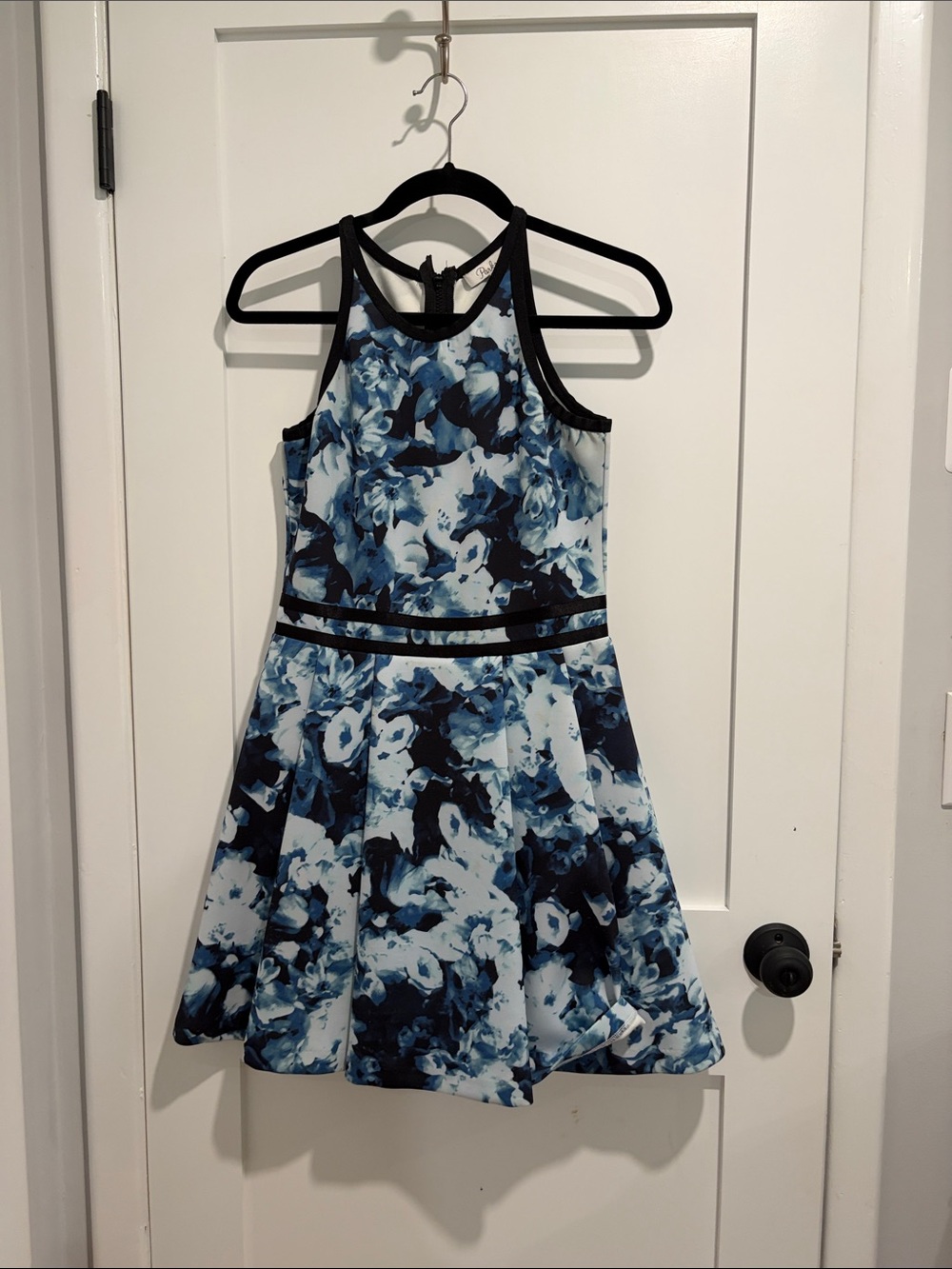 Parker Blue Floral Halter Dress with Black Trim